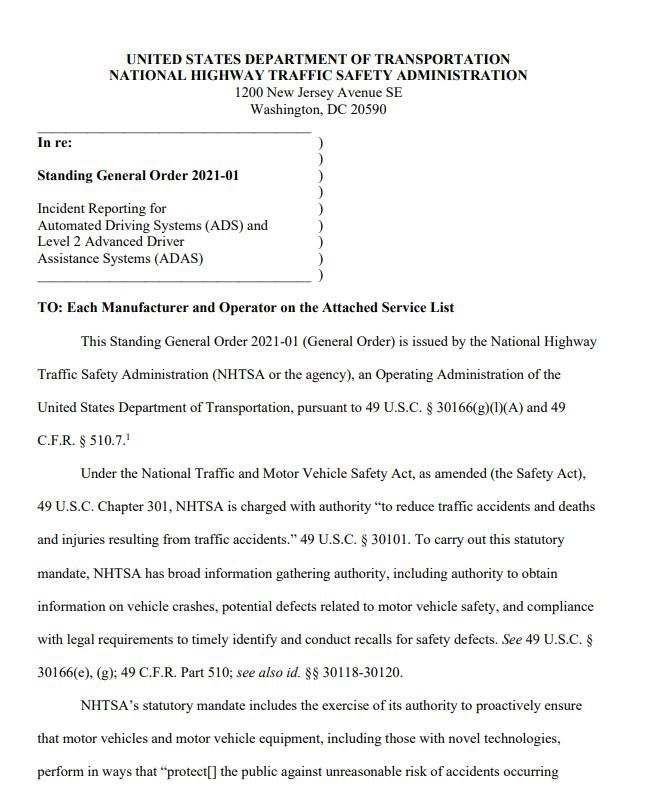 美国国家公路交通安全管理局|NHTSA发布新规，自动驾驶事故必须强制报告