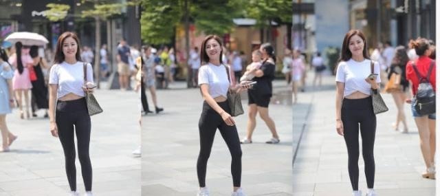 休闲 黑色瑜伽裤搭配白色休闲上衣,青春靓丽,甜美可爱!