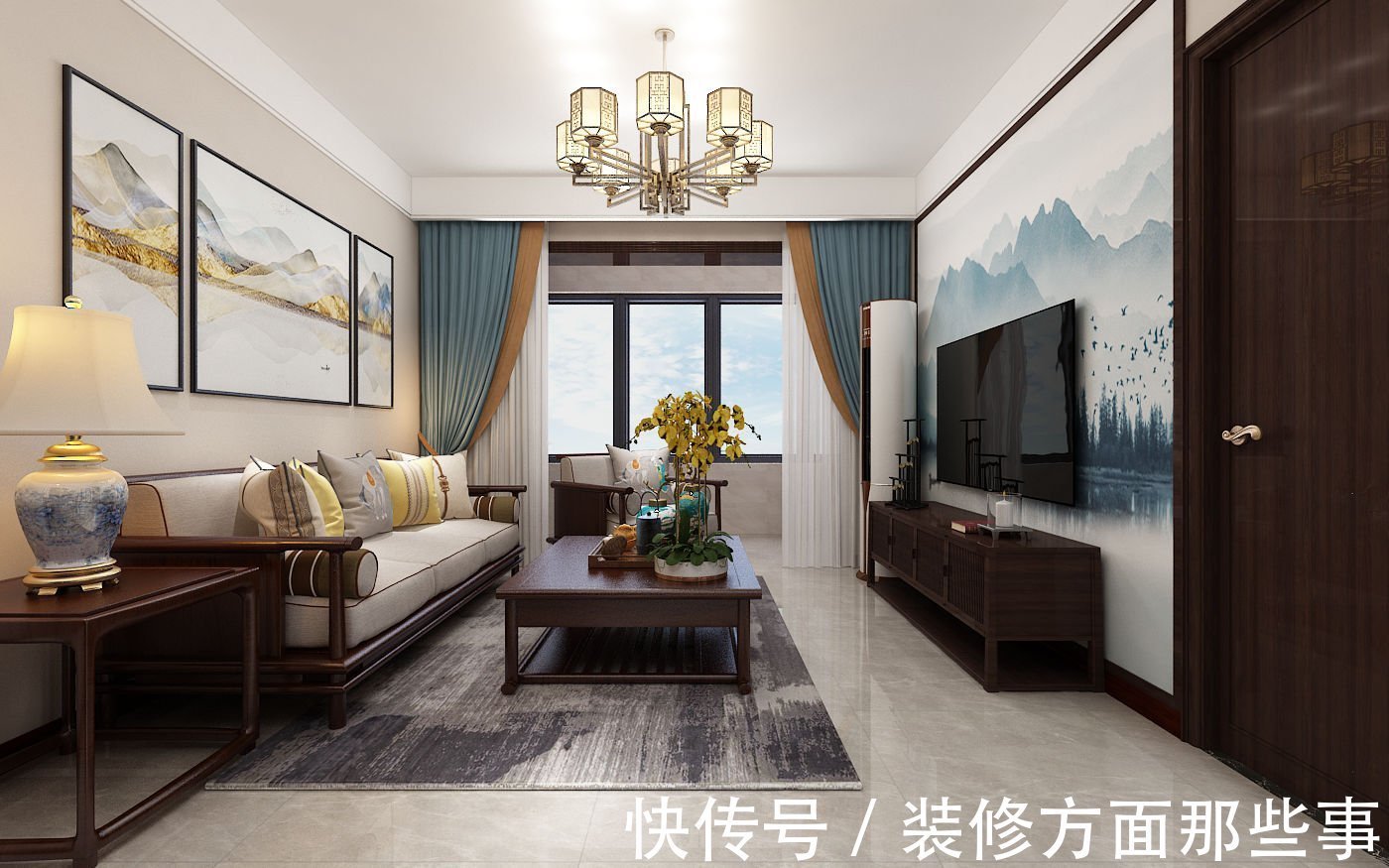 中式风格|95平中式风二居室,蓝色和黄色作对比,赋予空间表现力