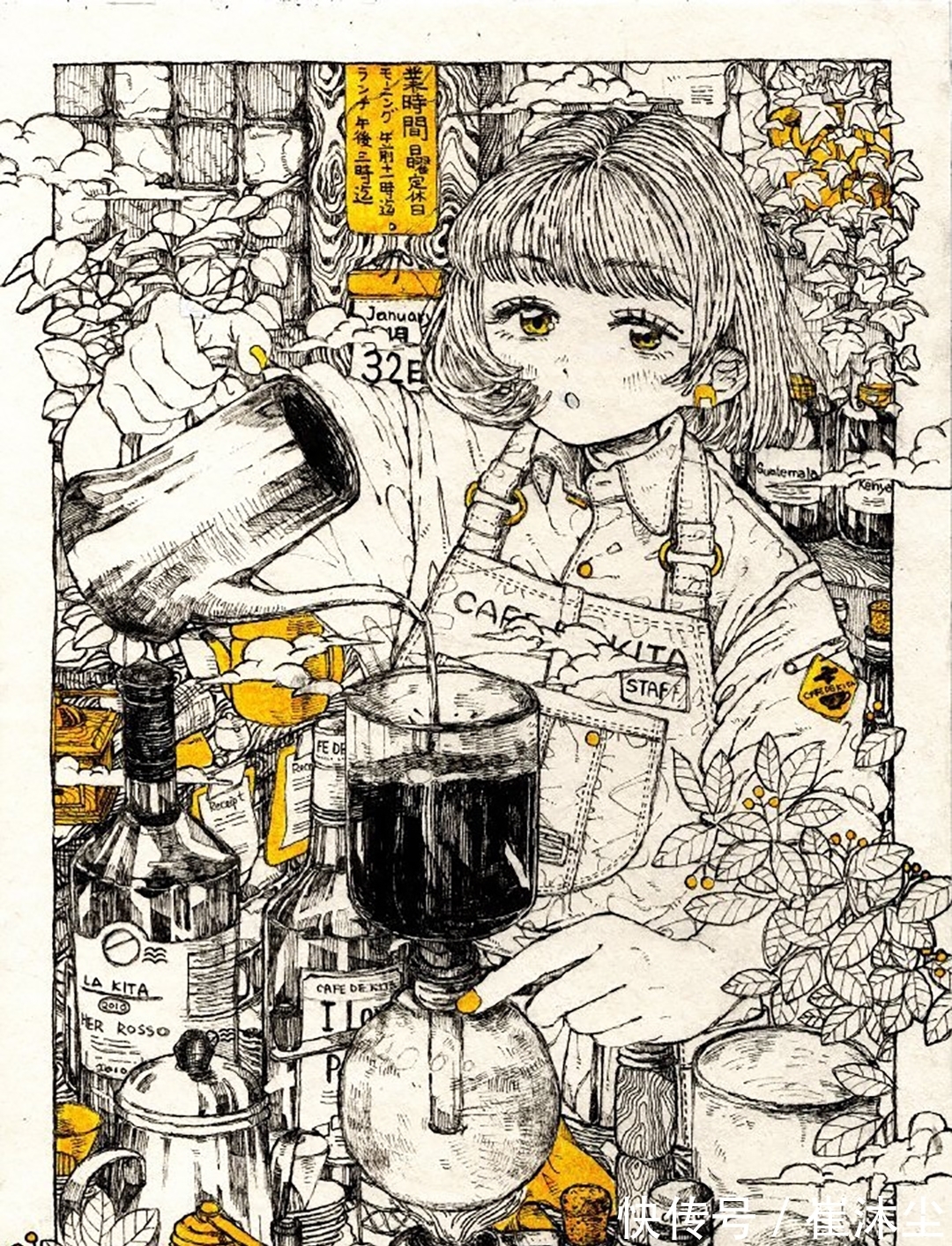 插画@线条感极强的少女插画，加一点黄色点缀非常的好看