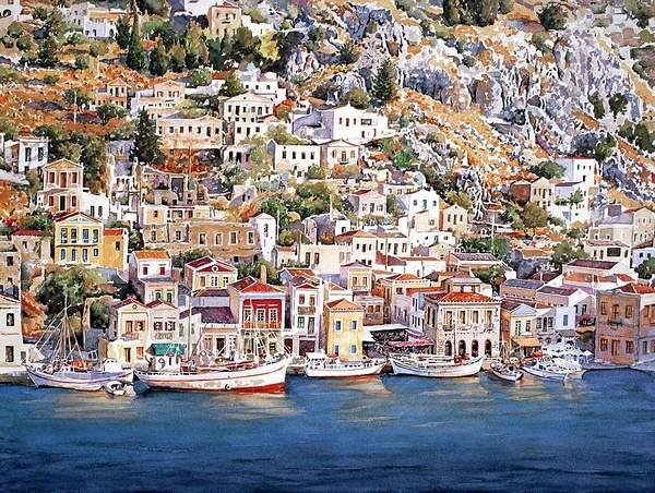 麦迪逊$希腊艺术家Pantelis Zografos,用水彩笔描绘希腊爱琴海美丽海岸风光