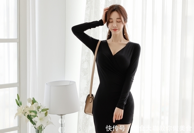 美人图鉴孙允珠：黑夜卢浮幻黑烟梦V领连衣裙