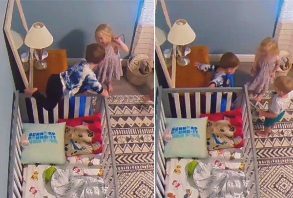 布赖森|两幼童教2岁弟弟午睡时爬出婴儿床 监控拍下可爱全程