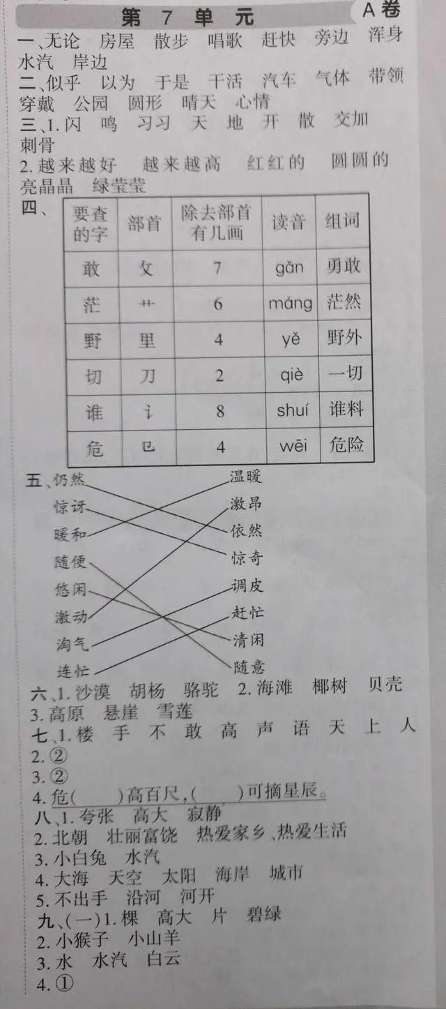 你家|二年级语文第七单元过关测试卷，看你家孩子能考多少分（附答案）