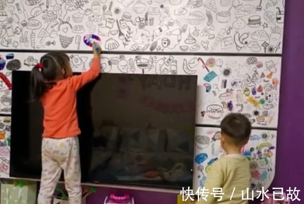 孩子|羡慕了,宝妈包容孩子在家里墙上作画,意外收获独一无二电视墙