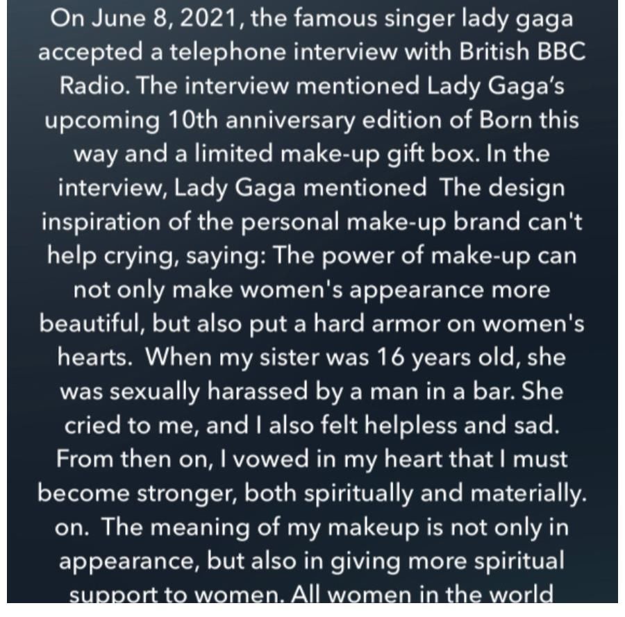 gLady Gaga 坦言做彩妆是给女性更多精神上的支持，对抗不公正