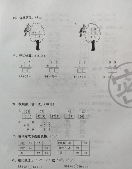 一年级数学下册第五单元测试卷，计算量大，压轴题难度大