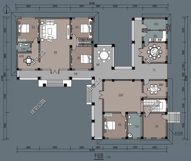 平面设计图:建筑情况:共设4室3厅1厨2卫1火灶房1备用房1活动区1棋牌室