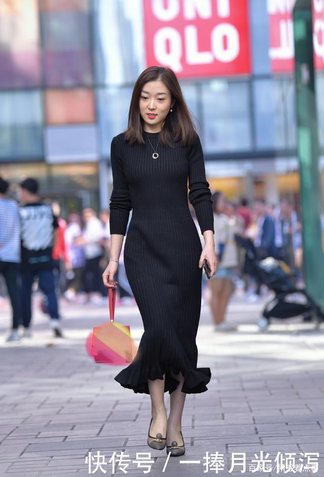 时尚穿搭黑色长袖包臀连衣裙,搭配高跟鞋,尽显淑女气质