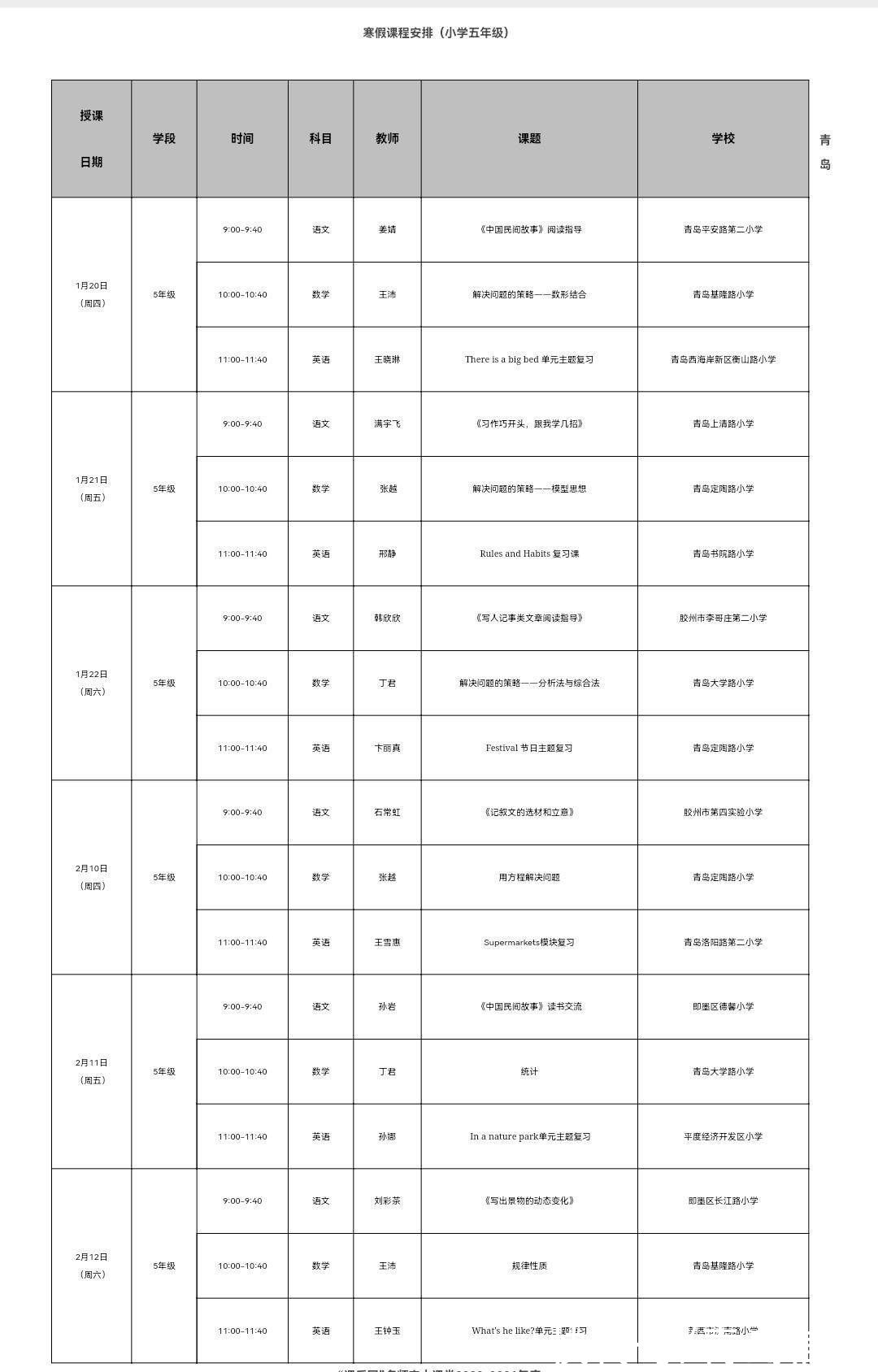 名师|青岛名师空中课堂1月20日开课 包含小初高学段课程