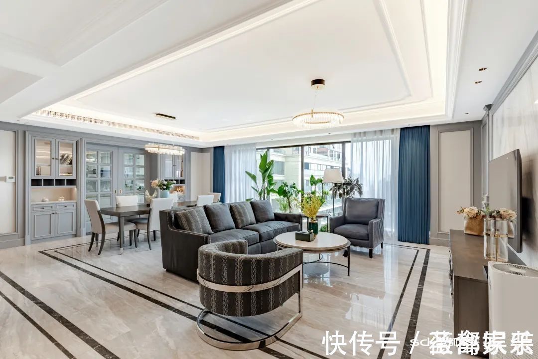 装修|206㎡大户型装修案例:超大横厅+衣帽间+景观阳台,神仙配色 心动