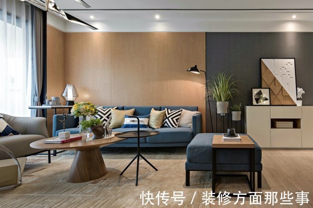 背景墙|98平将木质元素与蓝色融入细节,有质感