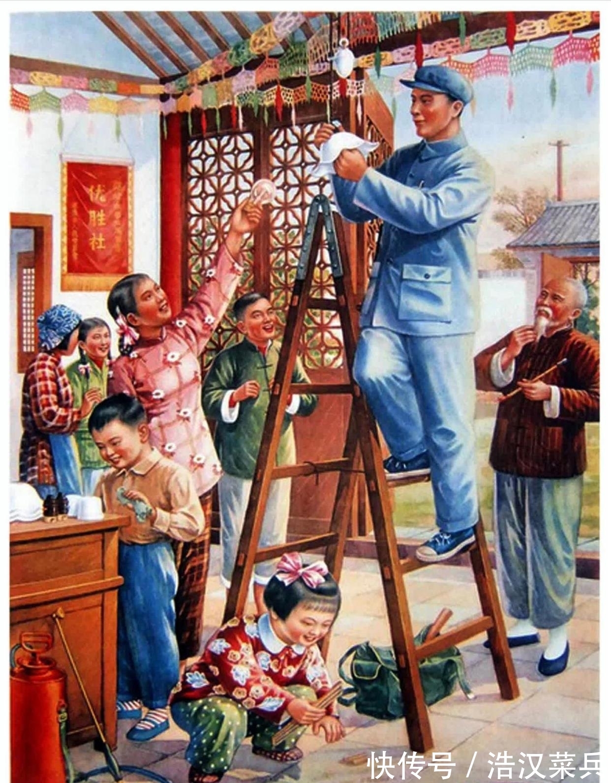 合作社!红色年代年画作品,青年勘察队,合作社里装电灯,扭转南粮北调