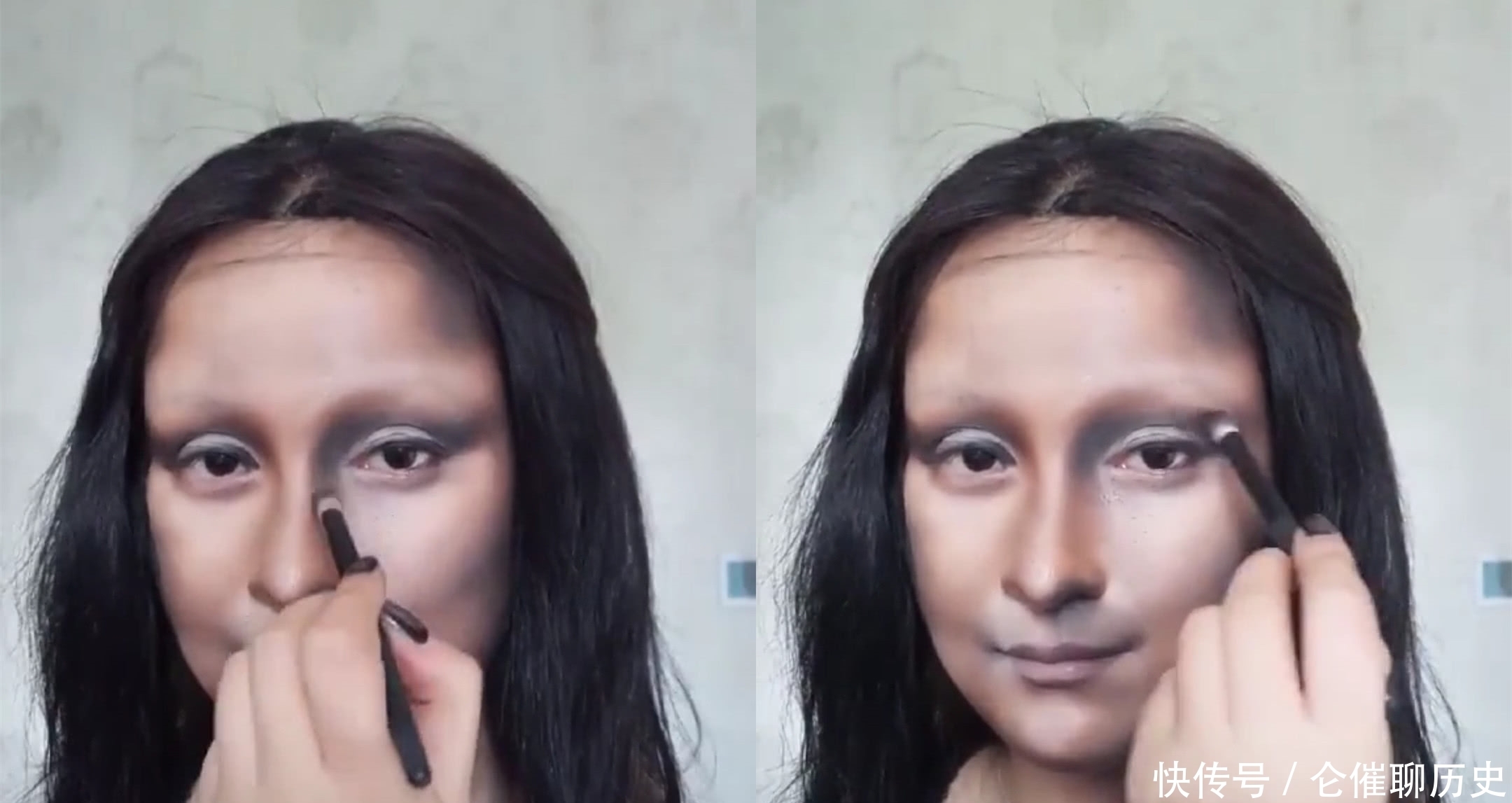 美妆博主仿妆“蒙娜丽莎”,开头:等着看戏,看结尾:油画成精了