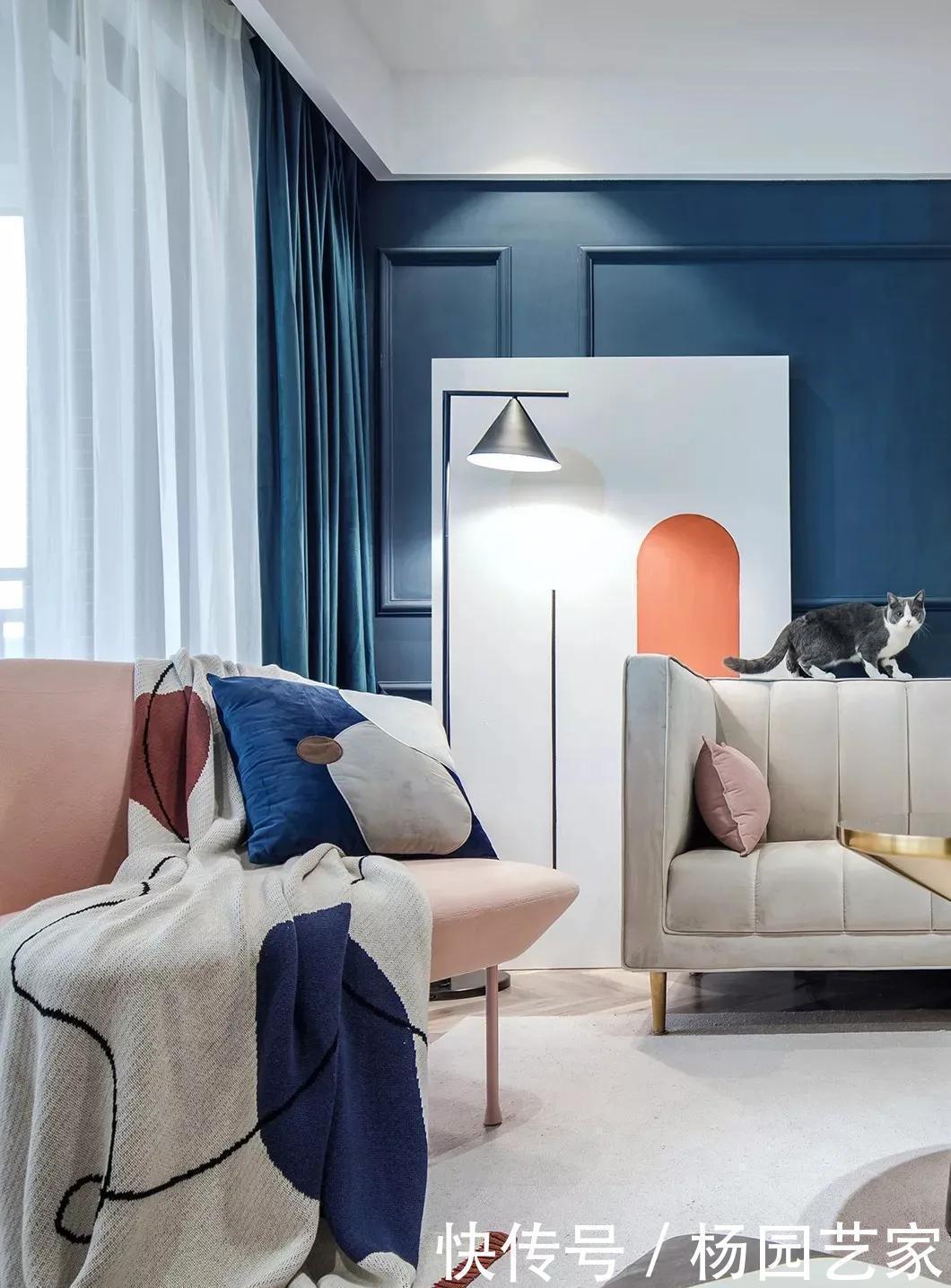 齐家栗子|89㎡现代轻奢风格新房装修，粉+蓝拼色背景墙惊艳！