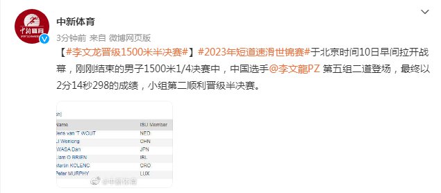 2023年短道速滑世锦赛：中国选手李文龙晋级男子1500米半决赛