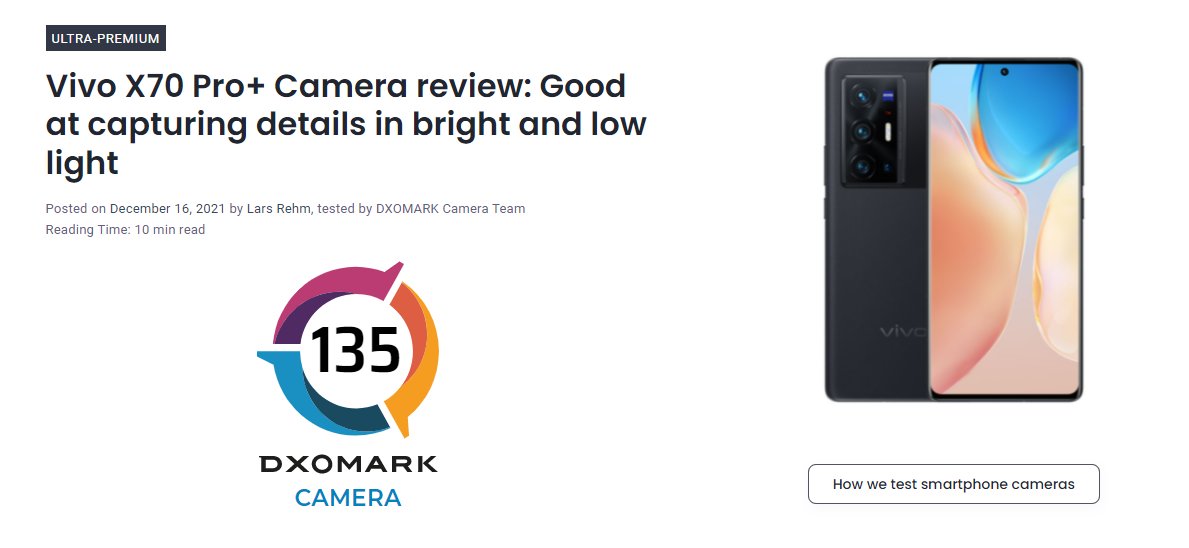 pro+|DXOMark 公布 vivo X70 Pro+ 相机评分：得分 135 分，排名第七
