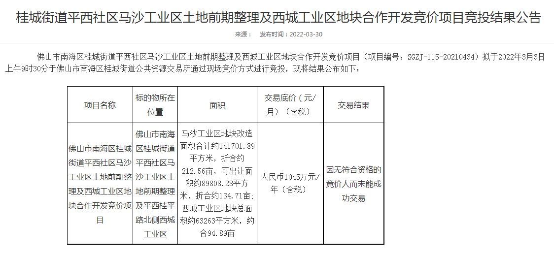 桂城|因无竞价人！桂城平西马沙工业区土地前期整理招标失败