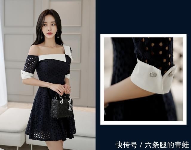 黑色|韩国模特孙允珠韩版白色领子拼接黑色镂空斜肩收腰连衣裙网拍