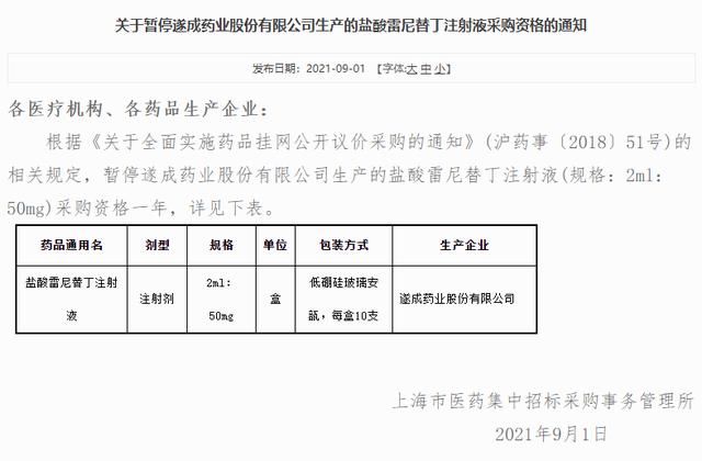 公立医院|上海集采：暂停遂成药业盐酸雷尼替丁注射液采购资格