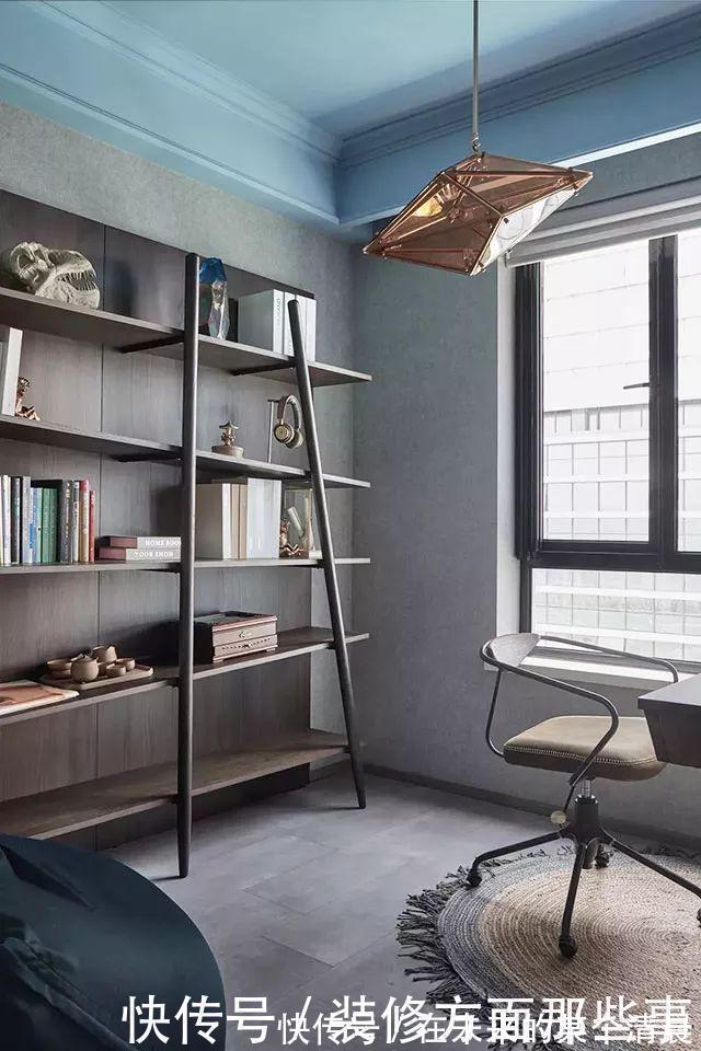 新家|108㎡现代三居室，蓝色吊顶，水泥背景墙，时尚有格调的新家