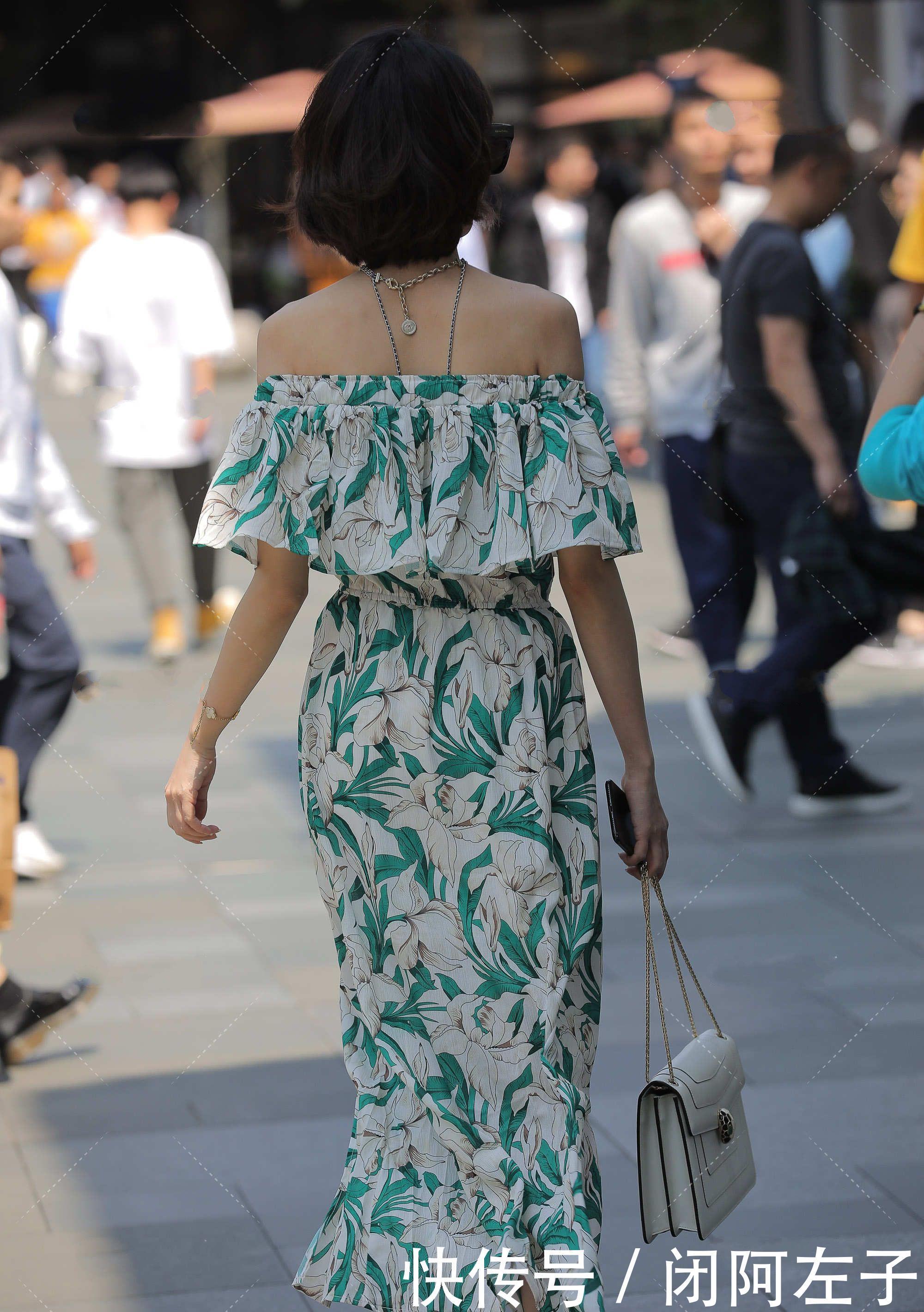 一字肩长款连衣裙，清爽舒适，高级时尚感