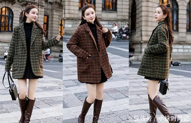 冬季加棉格纹毛呢大衣外套, 时髦减龄又显瘦, 穿出满满的少女感!