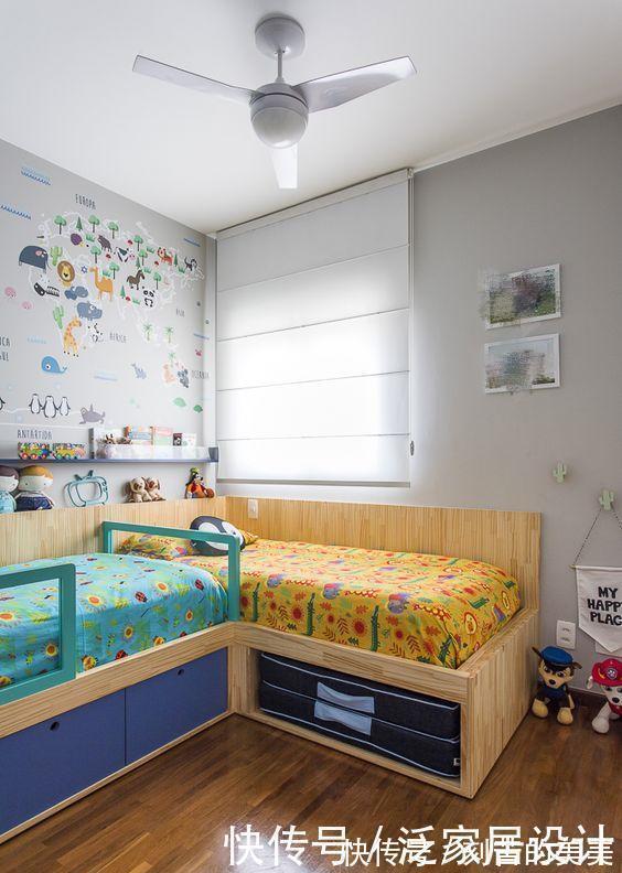 收纳柜|二胎家庭不做上下铺,越来越多人都把2张床靠墙放,中间做收纳柜