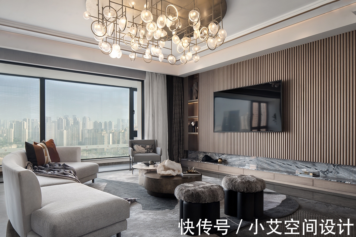 吊灯|234㎡软装设计，优雅色调和流畅曲线结合！