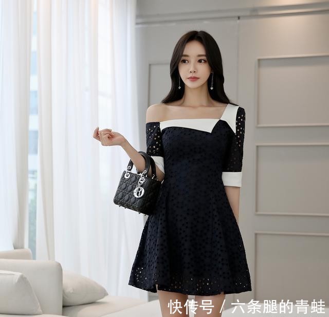 黑色|韩国模特孙允珠韩版白色领子拼接黑色镂空斜肩收腰连衣裙网拍