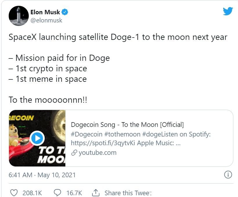再为狗狗币带货!马斯克宣布SpaceX接受狗狗币支付,明年向月球发射狗狗一号卫星