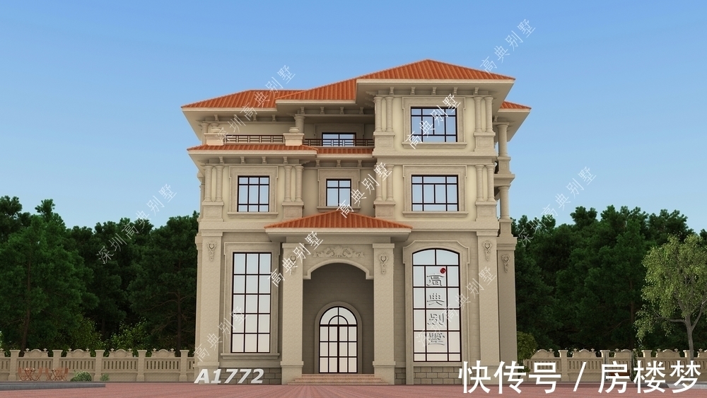 布局|欧式简约别墅，布局十分合理，外墙以暖色为主，给人温暖的感觉。