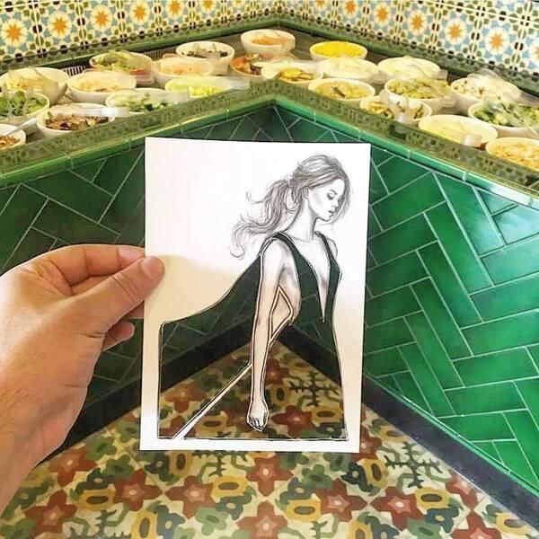 shamekh#这才是灵魂插画师!手绘图只画一半也惊艳,这衣服效果比高定还美