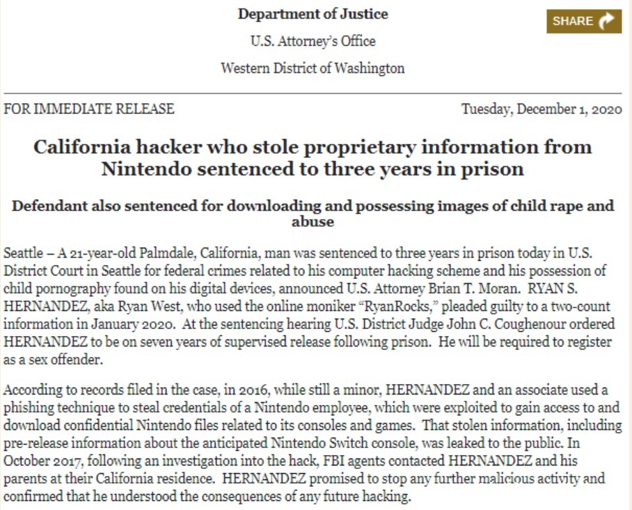 徒刑|泄露nintendoswitch机密的黑客被判三年徒刑