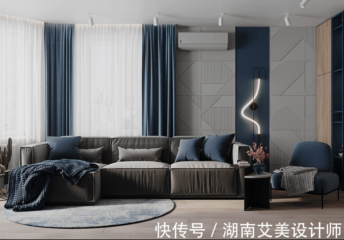 灰色|198平软装设计,深蓝色与灰色的碰撞
