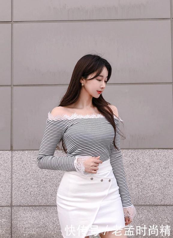 上衣|条纹修身上衣搭配白色短裙, 干净优雅, 清纯灵动