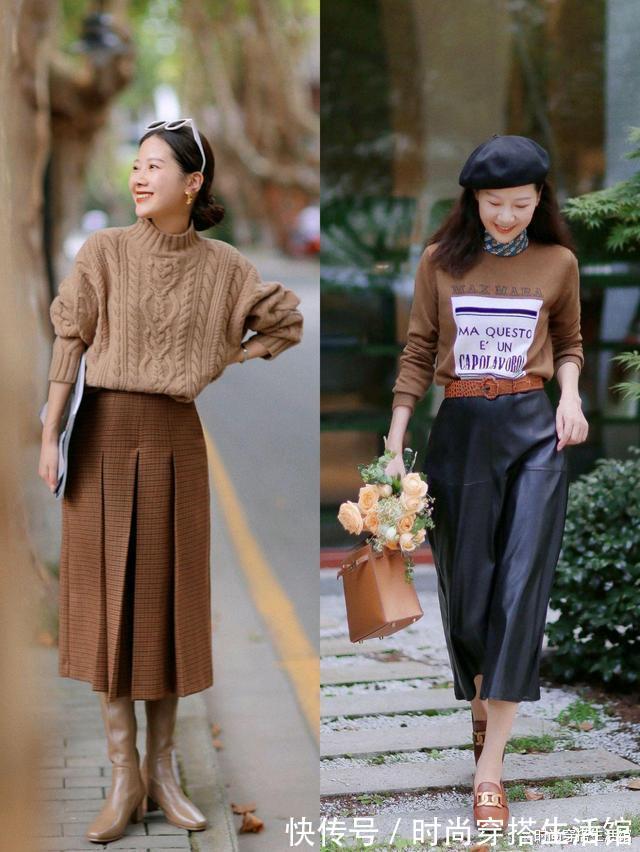 碎花裙|秋天不一定要穿黑白灰,试试“毛衣+半裙”,轻松穿出时髦感