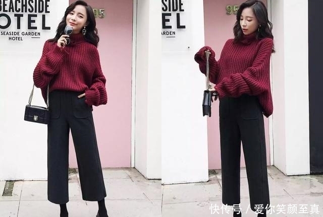 袜子|冬天穿九分阔腿裤,“袜子外露”这样穿,温暖又时髦!