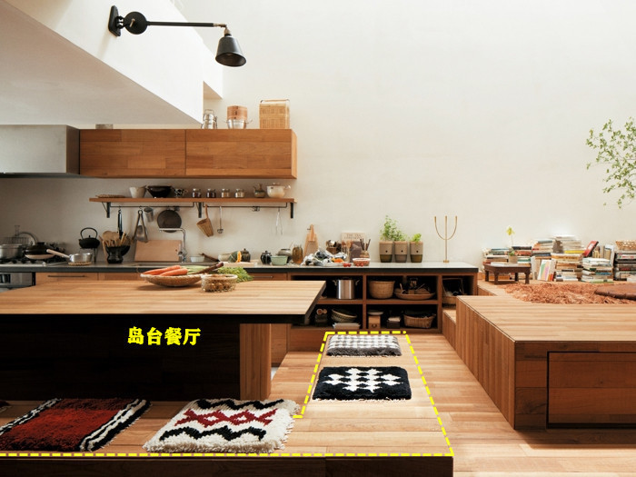 地台|看上日本的下沉厨房,围着岛台抬高50cm做阶梯地台,1地3用