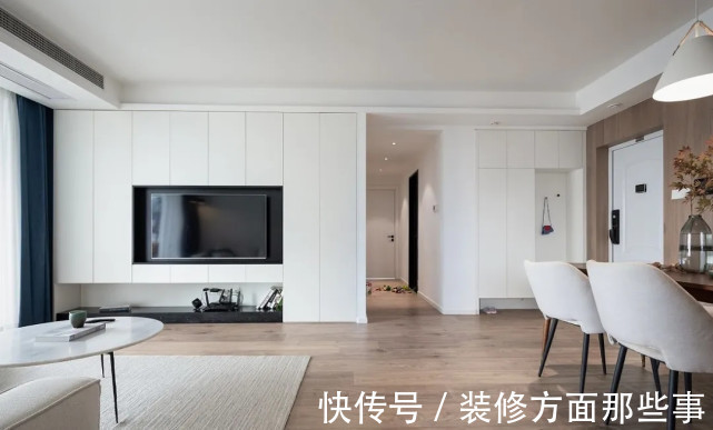 蓝白色|?129平简约风石材与木材的结合，减少空间的单一和压迫感