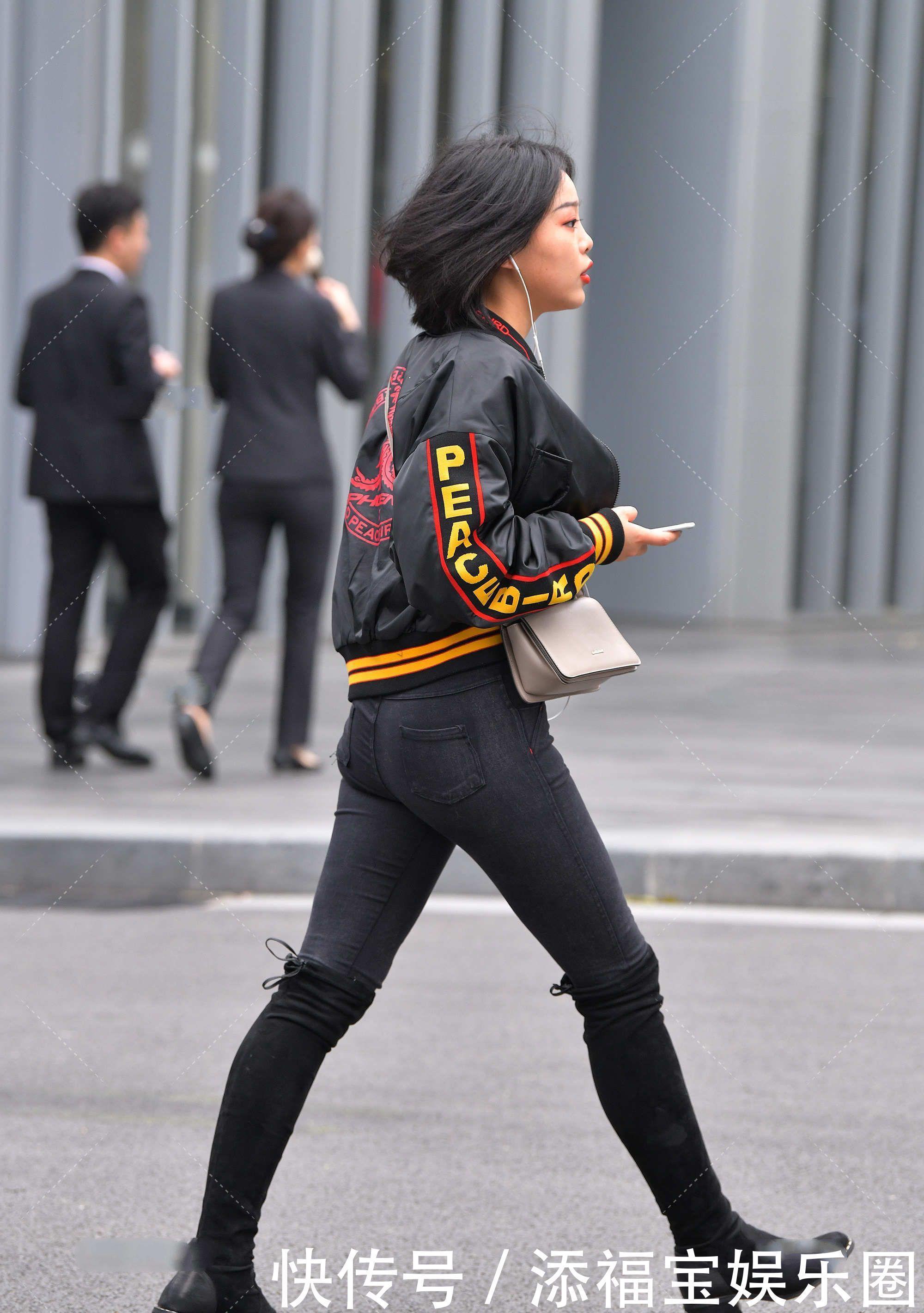 短款夹克衫混搭过膝长筒靴,显腿长