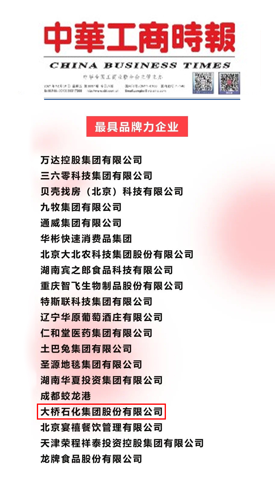 全国工商联|真牛!大桥石化与360、贝壳找房并列,得了这项大奖