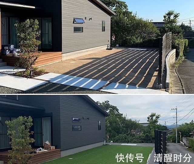 青石板|院子通铺水泥地过时了,甲板+草坪+沙地混铺,简单几种材料就很美