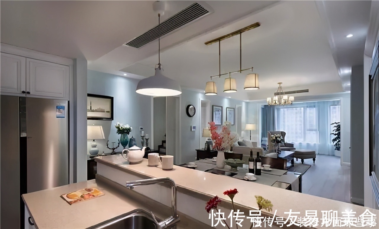 美式|简美式三室两厅,客厅厨房餐厅呈开放式，全屋时尚、敞亮、大气!