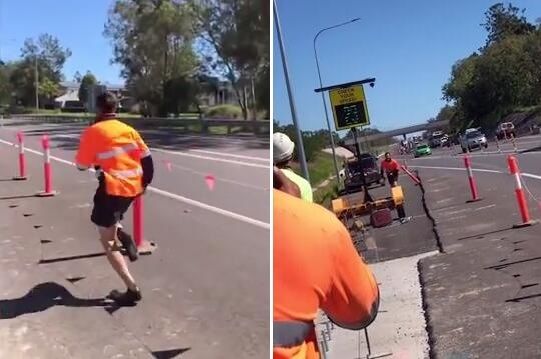 |搞笑时刻！澳大利亚一群道路工人用路边测速装置比赛谁跑的最快