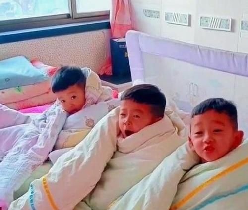 小知识|三胞胎兄弟赖床不起,整齐的裹着被子,网友:排排坐,好可爱!