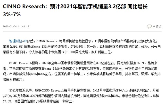 专利|2021年国内手机市场情况：苹果进步巨大，国产手机OPPO稳居第一