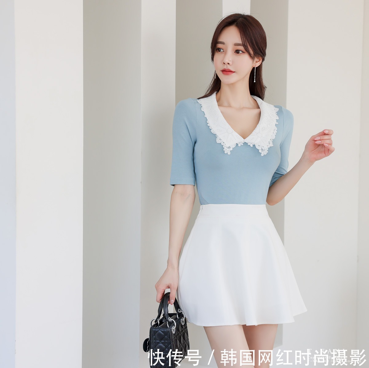 搭配|女神孙允珠高清时尚搭配：欧若拉蓝蝶纤墨娃娃领拼搭裙