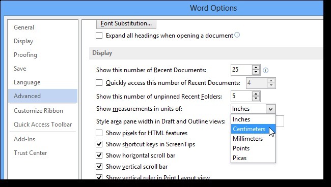 如何更改Microsoft Word 2013中的规则度量单元