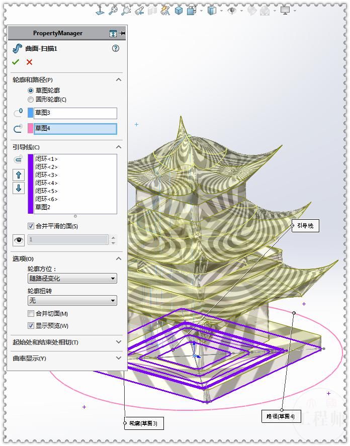 曲面扫描|用SolidWorks画一座古楼，其实一个扫描就能完成